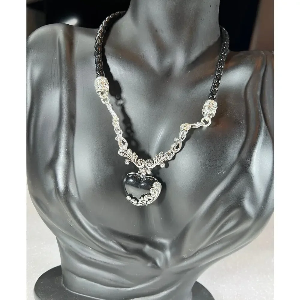 Retro Black Dark Witchy Goth Dark Heart Scroll Necklace Set Deadstock NEW NWT